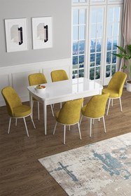 Resim Canisa Han Serisi 70x114 Açılabilir Mdf Mutfak Masası Takımı Beyaz Masa 6 Hardal Sandalye 