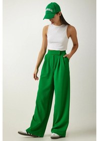 Resim Trend Alisse Kadın Yeşil Beli Cırt Cırtlı Pileli Bol Paça Palazzo Pantolon Wide Leg Yeşil 