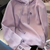 Resim Kadınlar İçin Şık Oversize Kapüşonlu Sweatshirt - Krem Beyaz Mor Detaylı, Uzun Kollu Kabartmalı Manşetli, %100 Polyester, Makinede Yıkanabilir İlkbahar/Sonbahar Günlük Giyim, Sevimli Kapüşonlu Kazak, Pürüzsüz Dokulu, Her Gün Kullanım, Dayanıklı Yapılı Rahat Sweatshirt, Yetişkinler İçin 