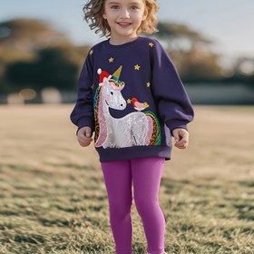 Resim 2 adet Sonbahar ve Kış Sevimli Kızlar Örme Takımlar, Aplike Payet Karikatür Unicorn Kazak ve Sıkı Tayt. Günlük ve Dış Mekan Giyimine Uygun, Dış Mekan için Mükemmel 