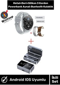Resim Erkek Siyah&Gümüş 3 Kordonlu Akıllı Saat Android IOS&Powerbankli Aynalı Kulaklık İkili Set 