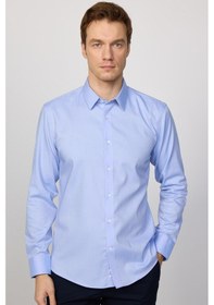 Resim Tudors Slim Fit Mavi Non-ıron %100 Pamuk Doğa Dostu Ekoteks Belgeli Ütü Gerektirmez Gömlek-30451 Mavi 