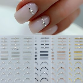 Resim FULL BEAUTY Fransız Çizgili Tırnak Sanatı Stickerları - Metalik Dalga ve Çizgi Tasarımları ile Taşlı, Kendinden Yapışkanlı Dekaller, Zarif Manikür için, Tek Kullanımlık, Tırnak Sanatı Malzemeleri 
