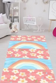 Resim Pelangi Renkli Çiçekler Ve Gökkuşağı Yıkanabilir Kaymaz Taban Leke Tutmaz Çocuk Odası Halısı, Mavi-Pembe 60 x 200 