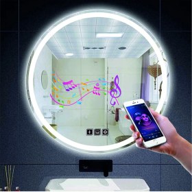 Resim Dnr-MirrorDnr-Mirror 70 cm Bluetoothlu Buğu Yapmayan Dokunmatik Tuşlu Kumlamalı Beyaz Ledli Yuvarlak Banyo Aynası 
