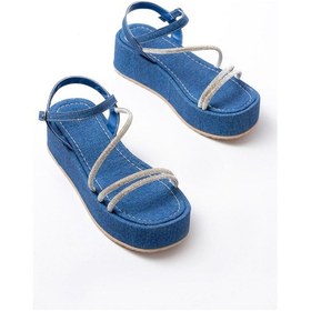 Resim 861-1017 Mavi Kot Taşlı Dolgu Topuklu Kadın Sandalet 