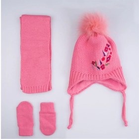 Resim Kitti Kız Bebek Çiçek Desenli Atkı Bere Eldiven Seti K2150-04 Pembe 