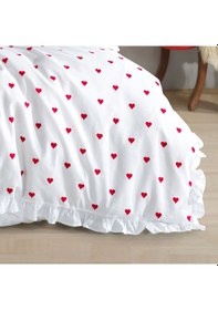Resim Fırfırlı Kalpli Tek Kişilik Nevresim Takımı 2 Yastık Kılıfı Lastikli Çarşaflı 160x220cm Kırmızı - Beyaz 