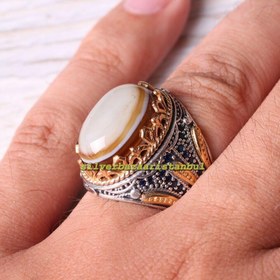 Resim Kabdi Yemen Agate Aqeeq and Sapphire 925 Sterling Silver Mens Ring - US: 7.75 / 57 mm / Turk: 17 
