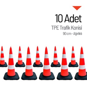 Resim İleri Trafik 10'lu TPE Trafik Konisi Seti 90 cm Ağırlıklı Çift Reflektifli Trafik Dubası 