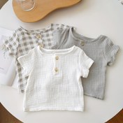 Resim 3 adet Bebek Erkekler için Pamuk Kısa Kollu T-Shirt - Ayı ve Plaid Baskılı Rahat Yaz Kıyafetleri, Sıcak Hava için Rahat ve Nefes Alabilen Giyim | Ayı Baskılı Tişört | Parlak Bitiş, Bebek Giysileri 
