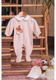Resim Lamato Baby Taşlı Fiyonklu Ayı Baskılı Şapkalı Bebe Kız Tulum SOMON 