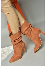 Resim Fox Shoes R404020302 Taba Süet İnce Topuklu Büzgülü Kadın Bot Taba 