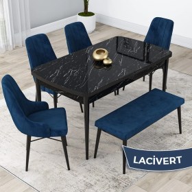 Resim Canisa Concept Kar Serisi, Mdf 80X132 Açılabilir Masa Takımı, Siyah Mermer Desen Masa, 4 Sandalye 1 Bench 