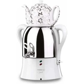 Resim Korkmaz A342-02 Çaykolik Elektrikli Semaver Beyaz Porselen Demlik Dekorlu 