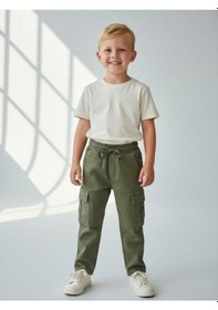 Resim Zekids Erkek Çocuk Pamuklu Bel Lastikli Kargo Cepli Yumuşak Dokulu Pantolon-16672 Haki 