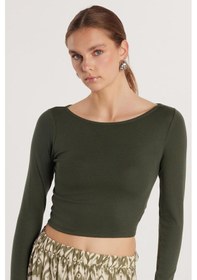 Resim Tudors Kadın Slim Fit Dar Kesim Modal Kumaş Uzun Kollu Bisiklet Yaka Haki Bluz-33728 haki 