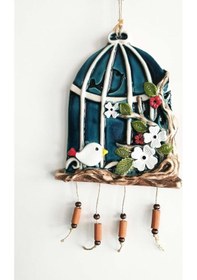 Resim Çiçek Süslemeli Seramik Kuş Kafesi Duvar Süsü 