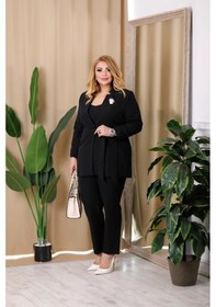 Resim Lady Sharm Krep Kumaş Düğmeli Ön Cebi Aksesuarlı Büyük Beden Takım Siyah 
