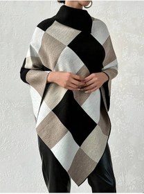 Resim 02Lady Fashion kadın kare desenli yakalı üçgen triko panço 
