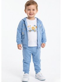 Resim Toontoy Kids Toontoy Erkek Çocuk 3'lü Eşofman Takımı Uzun Kollu Bisiklet Yaka Nakışlı T-shirt - Kapüşonlu Fermuarlı Hırka- Beli Paçası Lastikli Eşofman Altı 25044 Mavi 