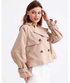 Resim Pastelastore %100 Pamuk Gabardin Astarlı Oversize Geniş Kalıp Kadın Crop Kısa Trençkot 1122 Açık Bej 