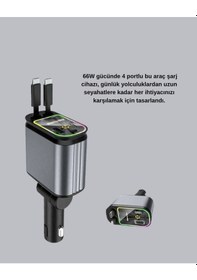 Resim Araç Şarj Cihazı 66w 4 Portlu Hızlı Şarj Ve Led Işıklı 