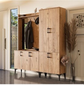 Resim Set 5100-5104 Inca Sol Aynalı 7 Kapaklı 9 Askılı Raflı Portmanto Atlantik Çam Çam 