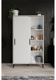 Resim Lisa Sürgülü Çok Amaçlı Kiler Dolabı Tamamı Mdf 6 Raflı Beyaz Beyaz 