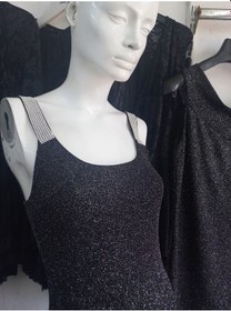 Resim Lacis Siyah Uzeri Gümüş Simli Plastik Tasli Bodycon Elbise Siyah 