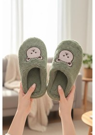 Resim Ft 103 Panda Nakışlı Kadın Ev Terliği Peluş Terlik Çeyiz Ve Bohça Terliği Ses Yapmaz Kalın Taban Yeşil 