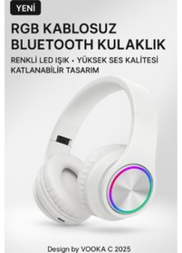 Resim VOOKA RGB Işıklı Kablosuz Bluetooth Kulak Üstü Kulaklık | Müzik, Oyun, Mikrofonlu, Katlanabilir 