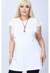 Resim Kheos dantel kollu sıfır yaka kolyelı yırtmaclı büyük beden tunik 