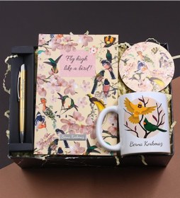 Resim Kişiye Özel Kuş Motifli Ofis Hediye Seti Defter & Kupa & Bardak Altlığı & Roller Kalem Kırtasiye Hediye Seti Öğretmene Hediye 
