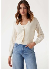 Resim Kadın V Yaka İnce Triko Hırka - Ekru Beyaz 