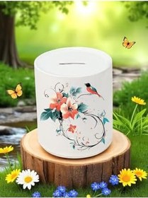 Resim Kuş ve Çiçek Deseni Baskılı 3'lü Seramik Kumbara 