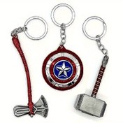 Resim 3 parça Marvel Orijinal Üçlü Güç Kaptan Amerika Kalkanı, Thor'un Mjolnir Çekici, Fırtınakırıcı Metal Anahtarlık Seti Doğum Günü Hediyesi Noel Hediye 