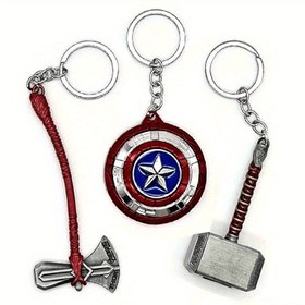 Resim 3 parça Marvel Orijinal Üçlü Güç Kaptan Amerika Kalkanı, Thor'un Mjolnir Çekici, Fırtınakırıcı Metal Anahtarlık Seti Doğum Günü Hediyesi Noel Hediye 