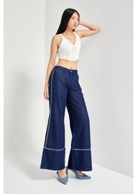 Resim Itsbasic Kadın Lacivert Renk 7w5-50/1 Wide Leg Fit Şerit Detaylı Tasarım Denim Jean 