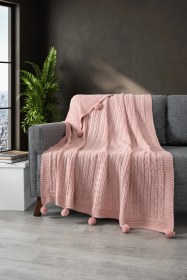 Resim Ponponlu Triko Örme Tv Battaniyesi Örgü Koltuk & Omuz Şalı & Diz Battaniyesi 130x170 Cm-pudra Pudra Pudra 