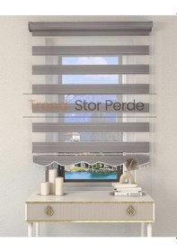 Resim Geniş Plise Gri Boncuklu Zebra Stor Güneşlik Perde Opak Gri 