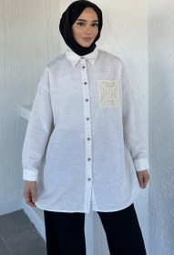 Resim Fisto Detaylı Tesettür Keten Tunik Taş TZL-P-00021221 