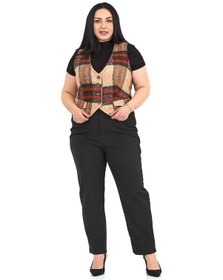 Resim Büyük Beden Düğme Kapamalı Cep Kapaklı Astarlı Kısa Çizgili Kaşe Vizon Yelek Vizon 