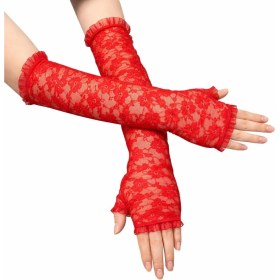 Resim Gültekin Uzun Zarif Dantel Eldiven Parmaksız Kırmızı 35 cm 