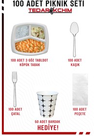 Resim Koza End 3 Bölmeli Köpük Tabak - Kaşık - Çatal - Peçete Kullan At Piknik Seti (100 Adet) KARTON BARDAK HEDİYE 