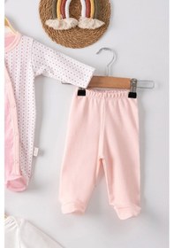 Resim Kelebek Nakışlı Puanlı Tulumlu % 100 Pamuk Kız Bebek 5'li Set Pembe 