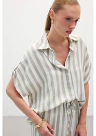 Resim Sateen Çizgili Kısa Kol Gömlek - Haki-136307 Haki 