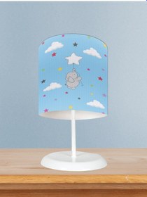 Resim Mekta Home Bebek Ve Çocuk Odası Seksekli Uçan Fil Desenli Mavi Abajur 