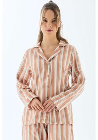 Resim Man11498-1177 Anıl Ev Giyim Anıl 11498 Kadın Viscose Çizgili Gömlek Pantolon Pijama Takımı Koyu Ten 