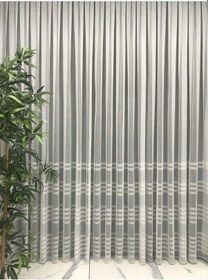 Resim Keten Tül Perde Dökümlü Etek Çizgili 1/2 Seyrek Pile Tül Ekru 